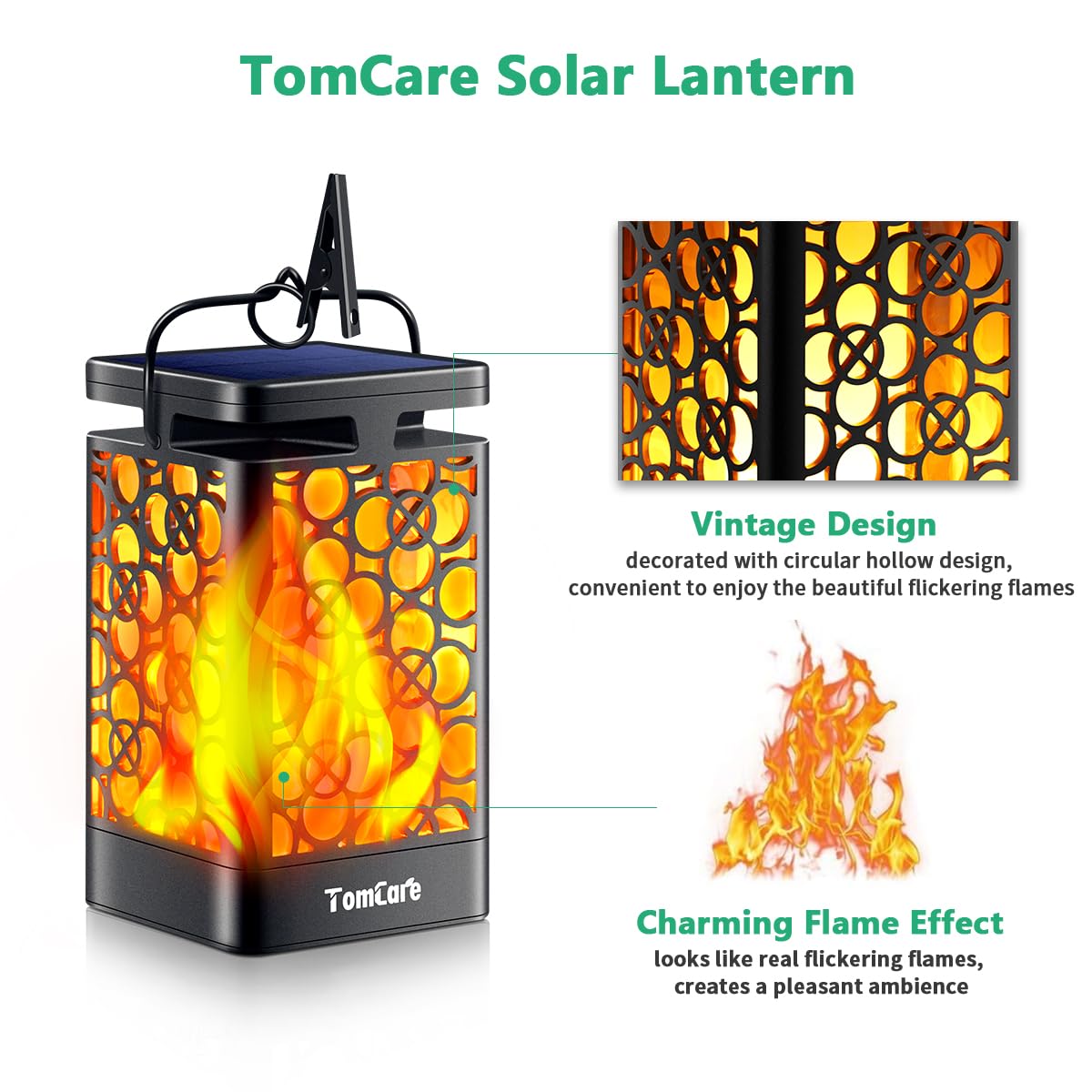TomCare Solar Lanterns, Flickering Flame, Waterproof LED, 4 Pack, Black, Model SZ-19025