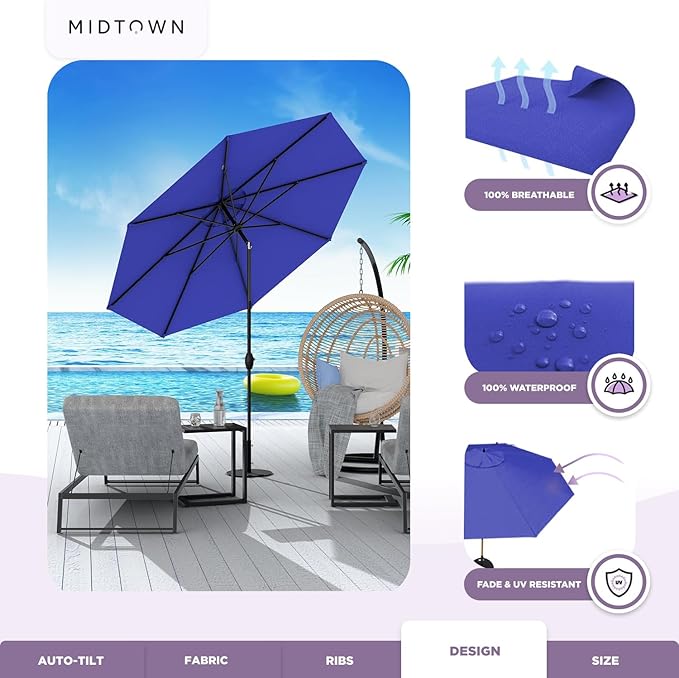 Midtown Umbrellas 10-Year-No-Fade - 8 Ft - UV Proof Royal Blue Polyester Fabric - Umbrella Outdoor Patio, Auto-Tilt Aluminum Frame Patio Umbrella for Garden, Pool & Deck - Black Pole
