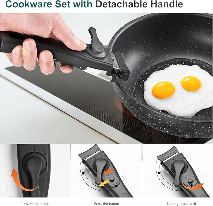 NEWBULIG Nonstick Kitchen Cookware Set, Pots and Pans with Detachable Handle, Induction Compatible, Dishwasher & Oven Safe, Space-Saving, Black, 12 Pieces(5 Pot)