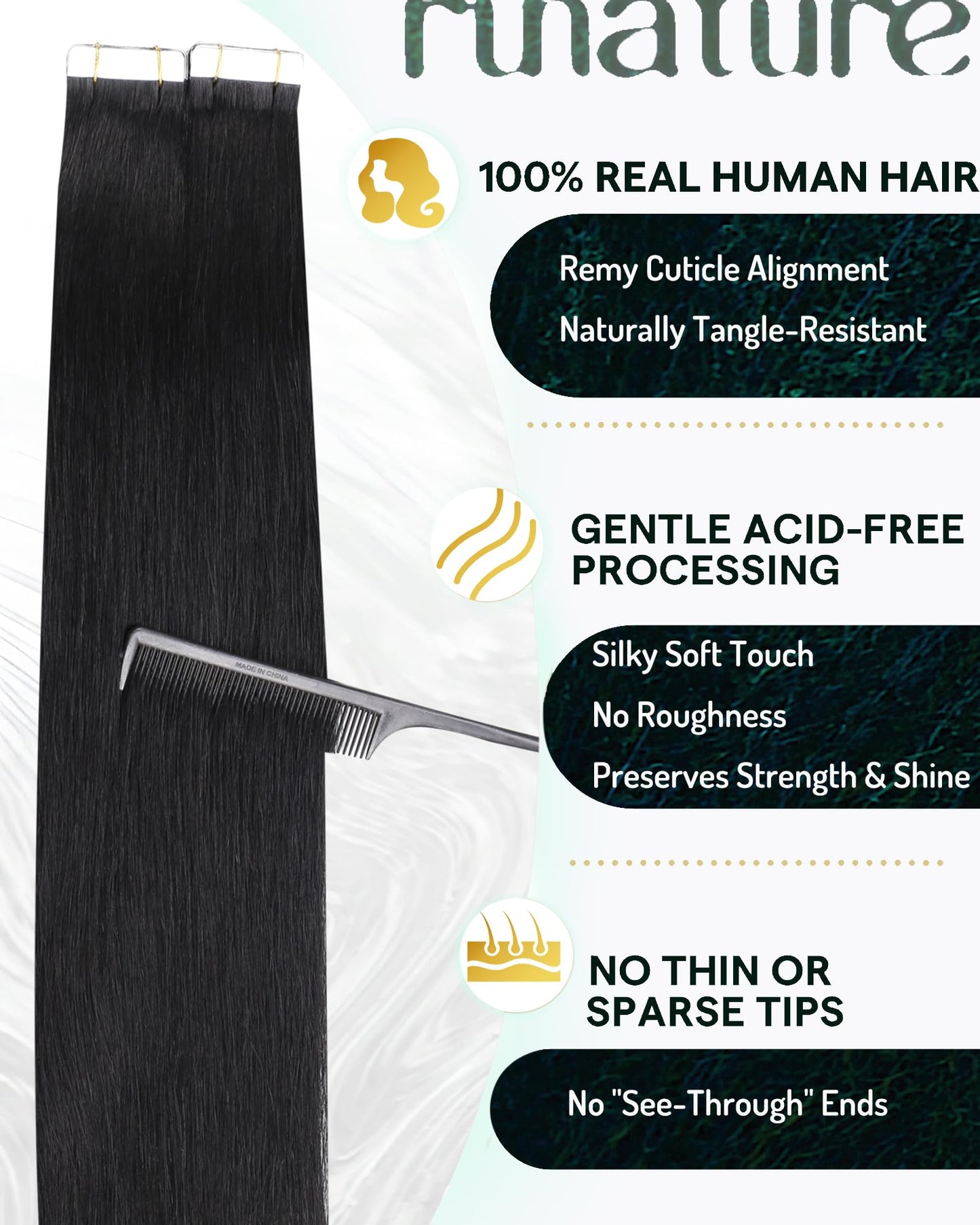 RUNATURE Tape in Hair Extensions Human Hair Jet Black, 30 Inch Tape in Extensions for Women, Long Straight Hair Extension Tape i