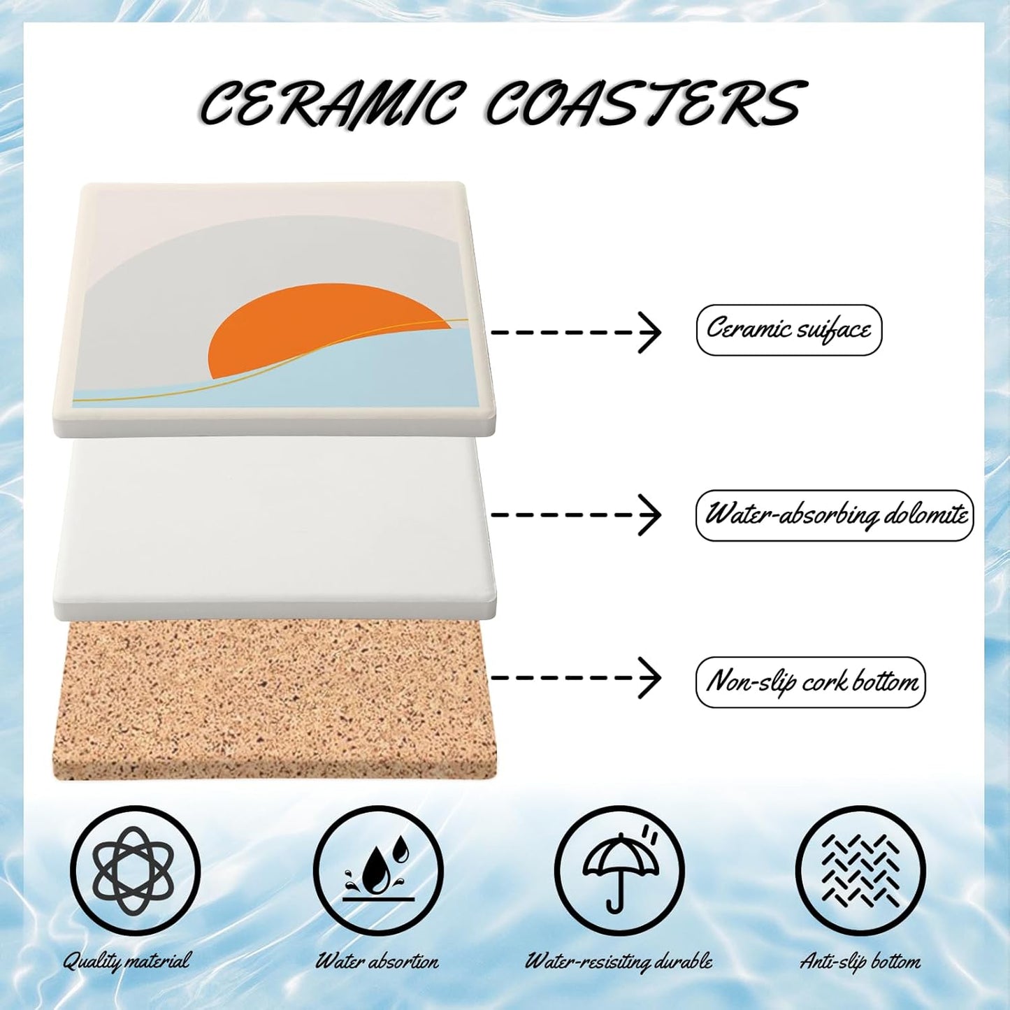MAYCARI Abstract Sun Coasters Set of 6 Cork Backed Artistic Coasters with Metal Holder Minimalist Aesthetic Ceramic Surface Drink Cup Mats for Tabletop Protection Modern Desk Decoration Birthday Gifts