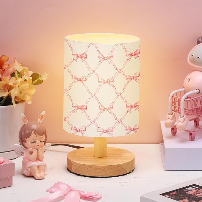 VIHOSE Bowknot Kids Table Lamp for Bedroom Kids Bedside Lamp with Linen Wooden Nightstand Cartoon Nursery Lampshade for Girls Boys Living Room