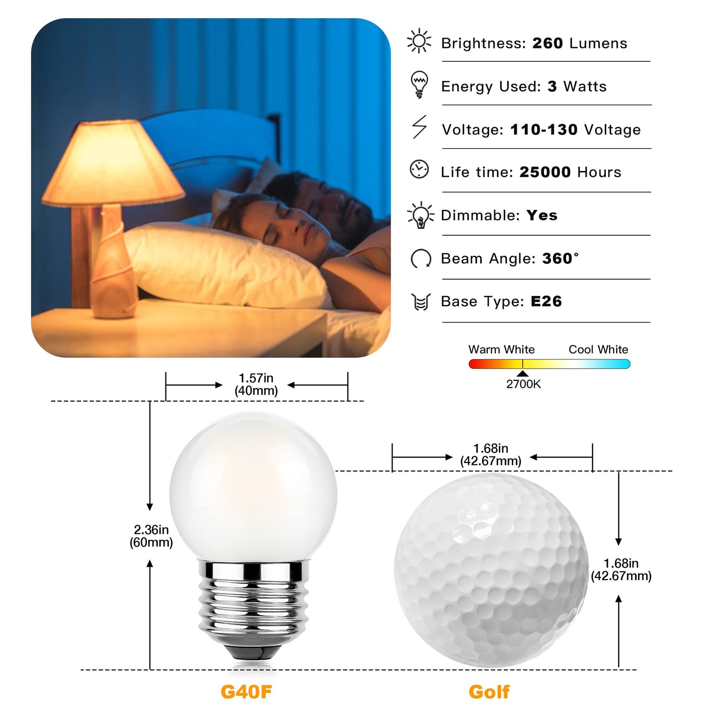 G40 Led Low Wattage Bulb 3W Equivalent 25 Watt Light Bulbs, Standard E26 Small Power, Frosted, Warm White 2700K, Dimmable for Bathroom Bedside Accent Lamps Appliance Bulb Refrigerator Pack of 2