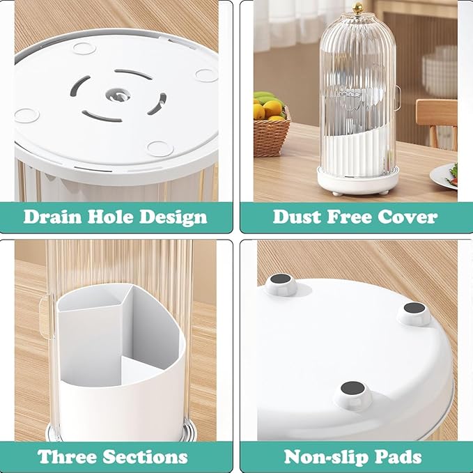 JEESA Utensil Holder with Lid, 360° Rotating Flatware Organizer for Cutlery Spoon Fork(H Less 8"), Silverware Caddy Organizer Drainage Dustproof Flatware Holder Kitchen Countertop Storage, White