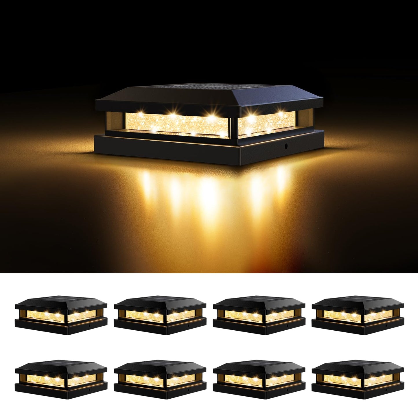 Solar Post Cap Lights Outdoor 8 Packs  Waterproof Solar Powered Deck Light For 4X4 4.5X4.5 5X5 Vinyl/Wooden Posts  Black Outside Warm/Cool Lighting Fence Cap Lights With 16Leds For Garden  Patio