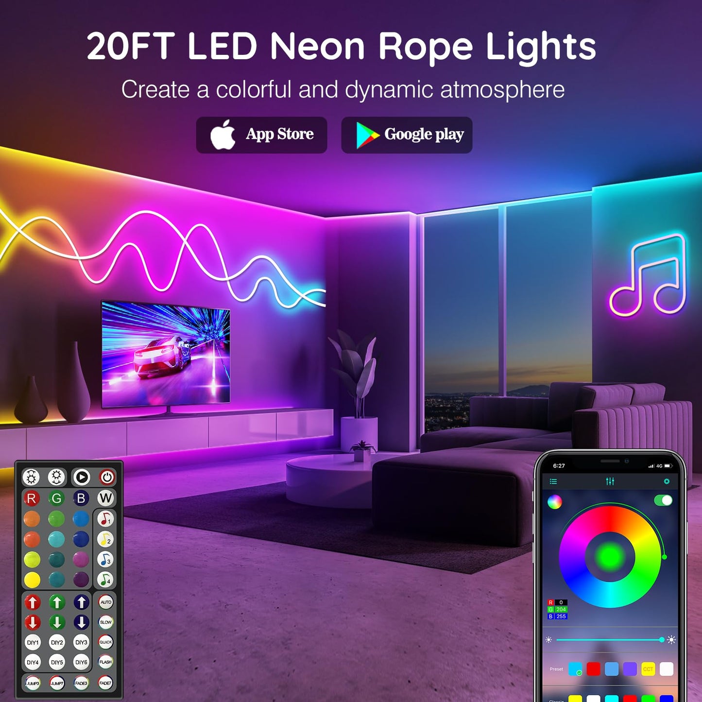 LETIANPAI 20Ft Neon Rope Lights, RGB Waterproof LED Strip, Flexible, App/Remote Control, Music Sync, Model 60, Silicone Material