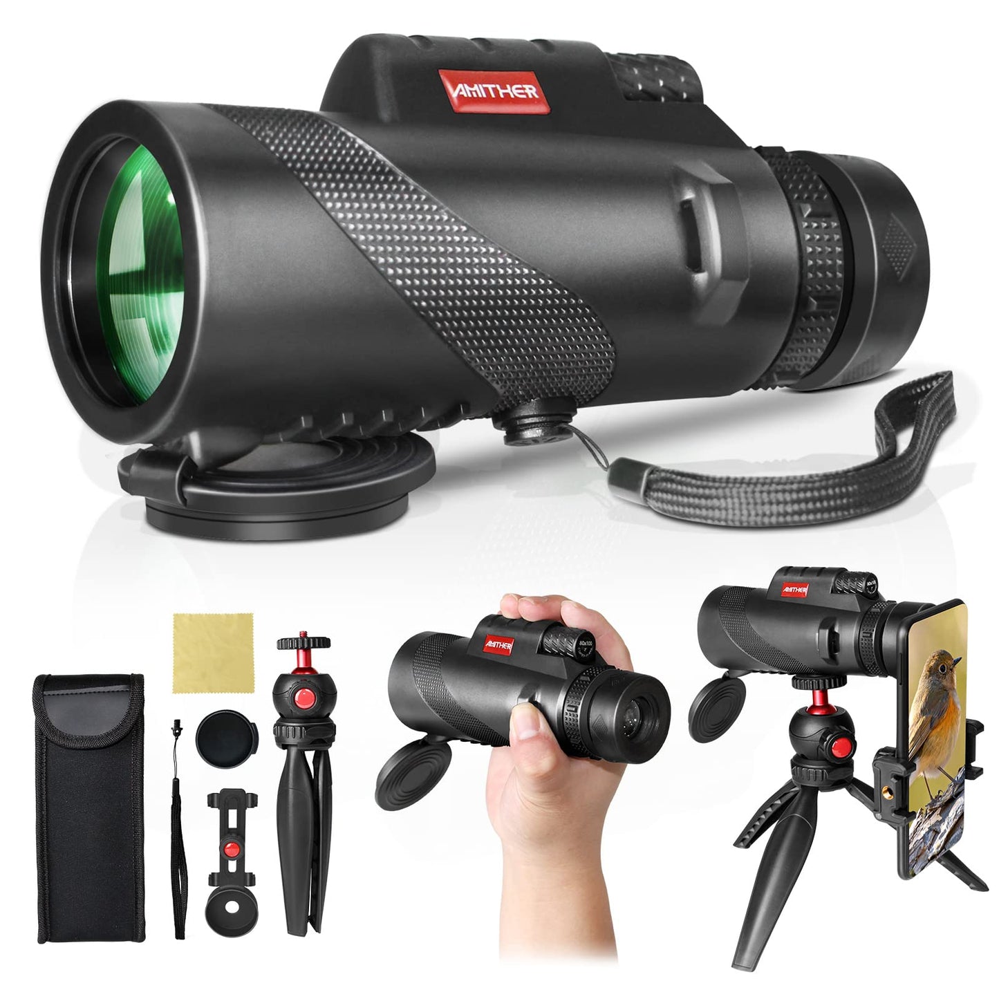 80X100 Monocular Telescope For Smartphones - High Powered Hd Monocular With Tripod & Adapter, Low Light Vision For Adults - For