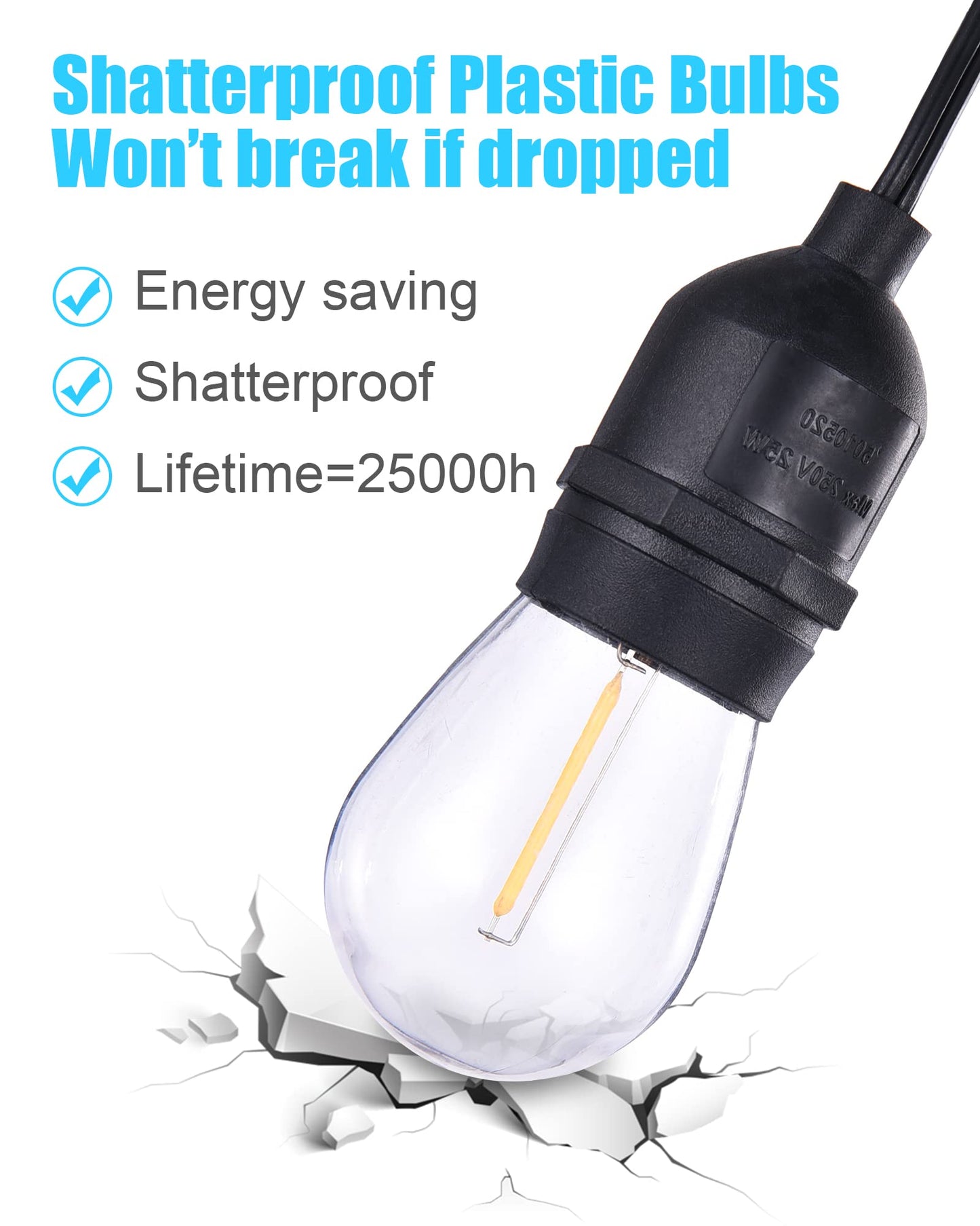 SUPERDANNY 52FT Outdoor LED String Lights, Shatterproof, 2700K Warm White, 24 Sockets, 26 Plastic Bulbs, Commercial Grade