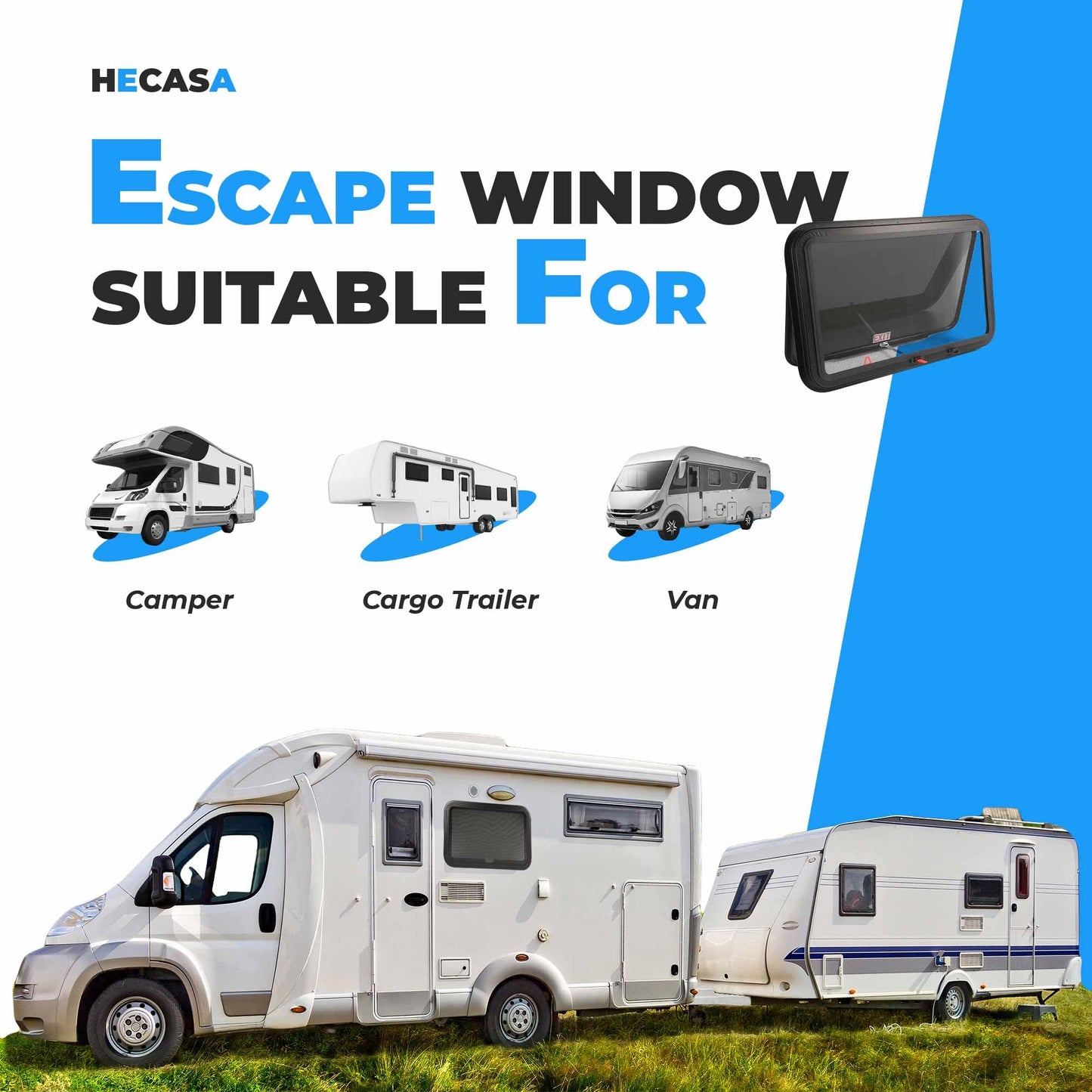 HECASA RV Emergency Exit Window with Trim Ring & Screen, 30in x 20in, Aluminium Tempered Glass, Model MO-5419, 1PC