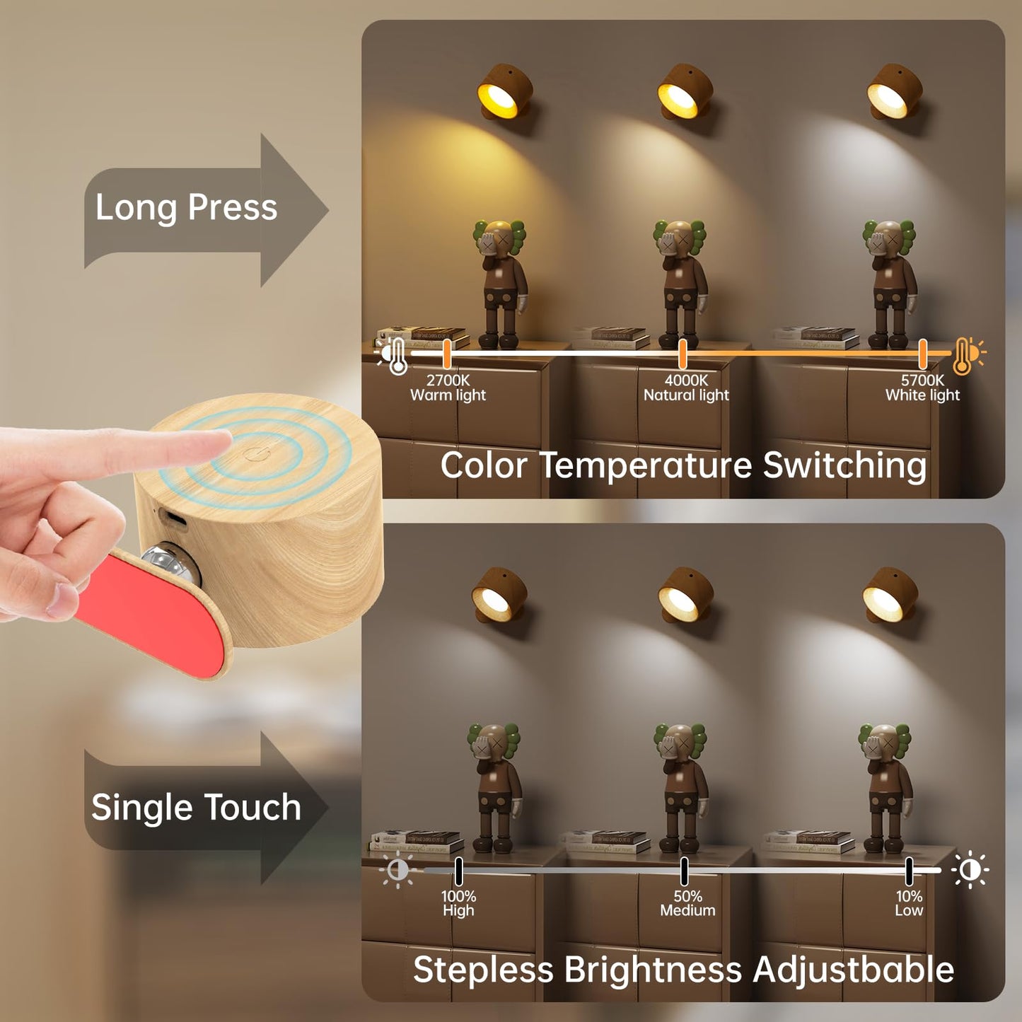 Deyagoo Remote LED Wall Sconce, Rechargeable, 3 Colors, 3 Brightness Levels, 360? Rotating, Wood-B, Pack of 2