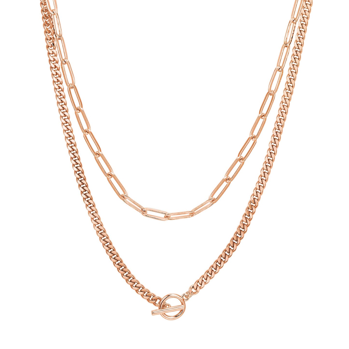 PAVOI 14K Gold Plated Double Chain Necklaces for Women - Rose Gold Layered 925 Sterling Silver Necklace with 15+16.5+3 Extenders