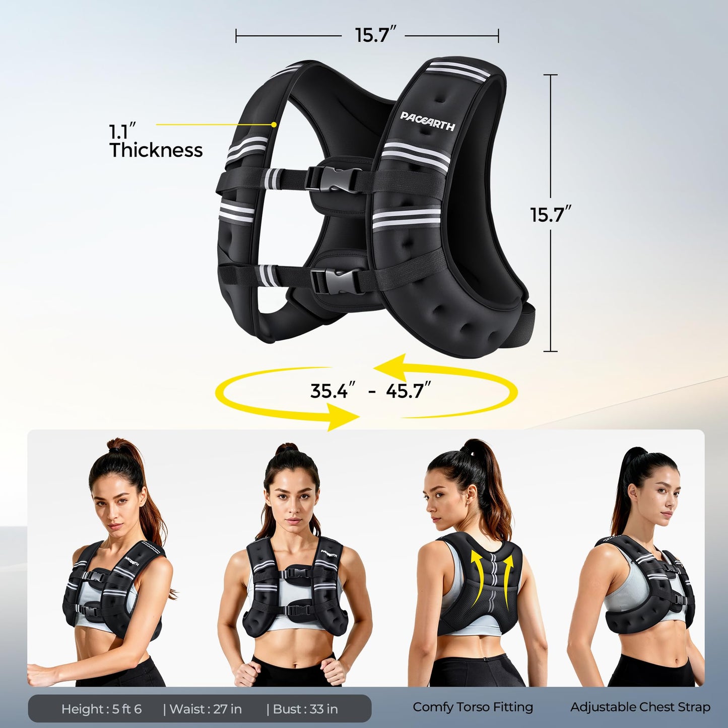 PACEARTH Weighted Vest, 6lb/12lb/16lb/20lb/25lb/30lb Weight Vest with Reflective Stripe, Body Weight Vests Adjustable for Men, Women Workout, Strength Training, Running, Walking, Jogging