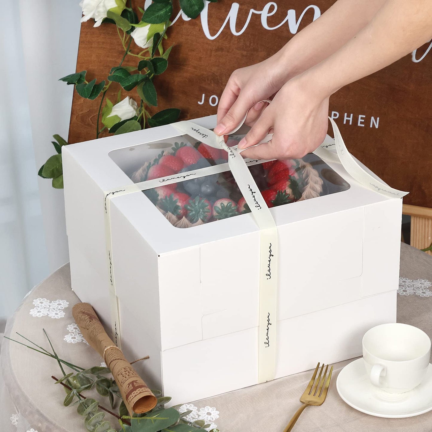 Moretoes 10pcs Cake Boxes 12x12x8 Inch White Bakery Boxes with Window Tall Dessert Cardboard Containers for Cakes Cupcakes Pies Donuts Cookies, for Valentine's Day Mother's Day