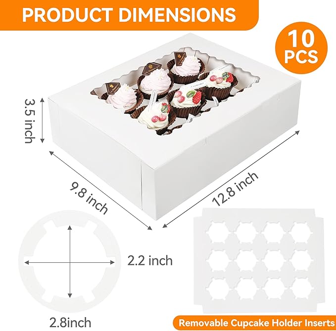 10-Set Cupcake Boxes Bulk with Clear Display Window Hold 12 Standard Cupcakes, Disposable Food Grade White Cupcake Carrier Cupcake Container, Perfect for Cupcakes Muffins Cookies Pastries