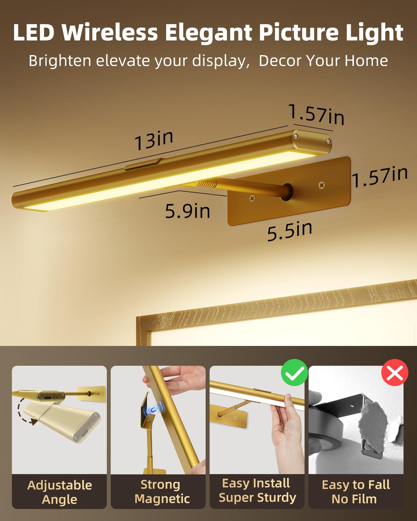 EZVALO Picture Light for Wall, 4800mAh Rechargeable Wireless Remote, Dimmable Magnetic LED Art Display Light with 3 Color Temperatures, for Gallery, Living Room, Bedroom, Hallway (Gold-2Pack)
