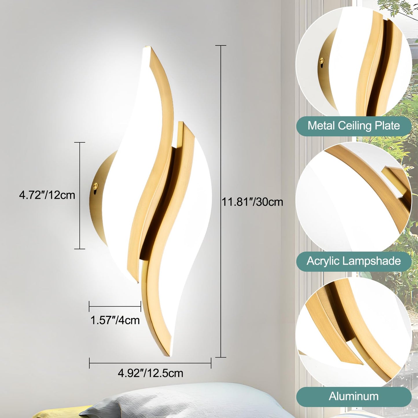 Caneoe Modern Led Wall Sconce 6000K Cold White Black Indoor Wall Light Fixtures Acrylic Wall Sconce Lighting For Living Room Bedroom Bedside Bathroom Hallway Stairway Wall Lamp (Gold  1 Pack 6000K)