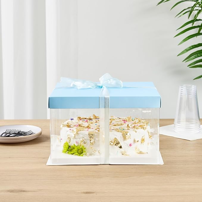 Restaurantware-Sweet Vision 10 Inch x 8.25 Inch Transparent Cake Boxes, 10 Grease Resistant Base Clear Cake Boxes - Blue Lid, Blue Ribbon, Plastic Birthday Box, For Weddings Or Birthdays