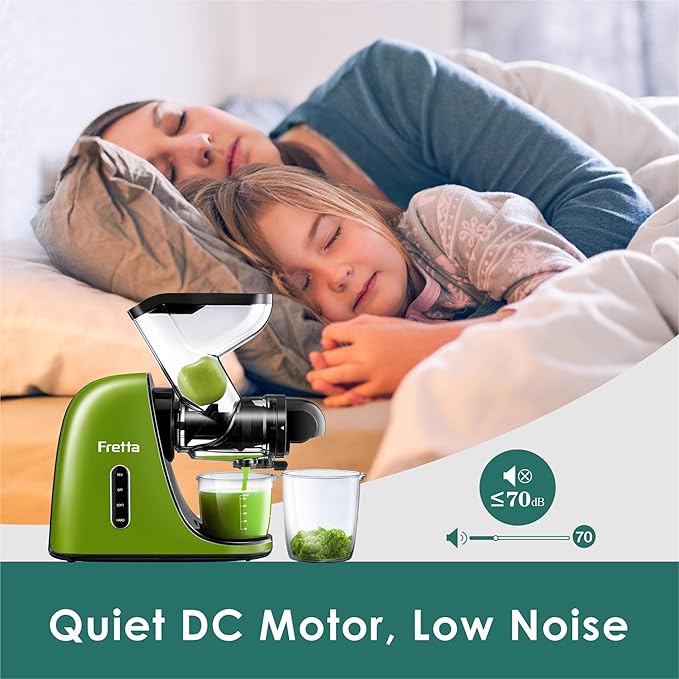 Fretta Cold Press Juicer, Masticating Slow Juicer,Juicer Machines Vegetable and Fruit, 3-Inch Wide Feeding Chute, BPA Free Easy to Clean,Quiet and Strong DC Power, 200W(Dark Green)