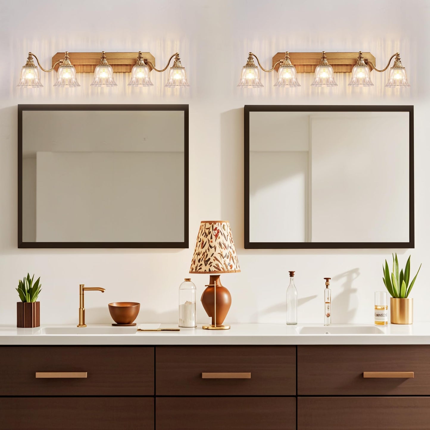 Dvmteom Gold Vintage Bathroom Light Fixtures  5-Lights Bathroom Vanity Light  Antique Brushed Gold Lighting Fixtures Over Mirror With Crystal Glass Shade  Wall Sconce Lighting