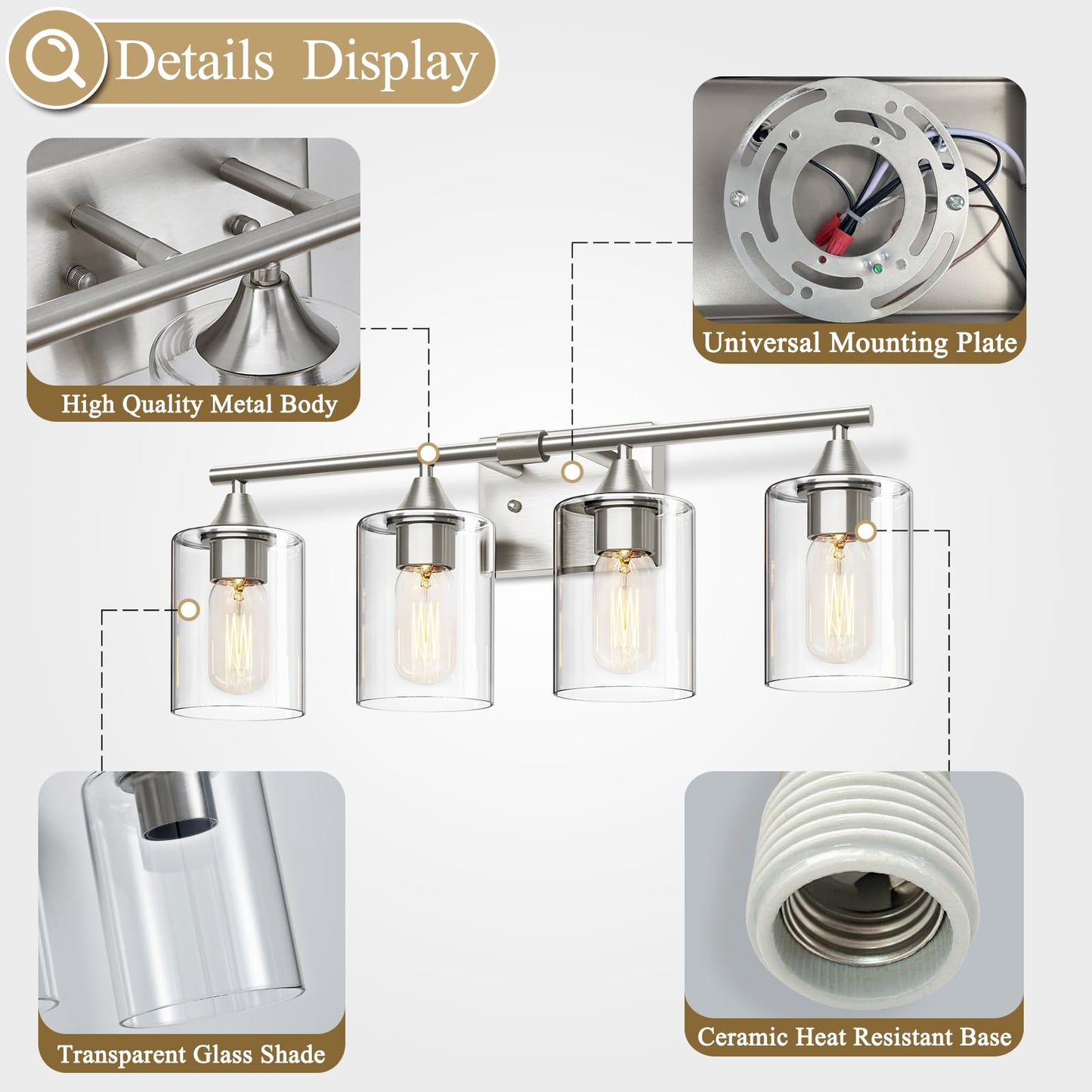 XPEHK 4-Light Bathroom Light Fixtures,Brushed Nickel Vanity Lighting Fixtures,Modern Wall Lighting Sconces for Mirror Bedroom Living Room Vanity Table Hallway