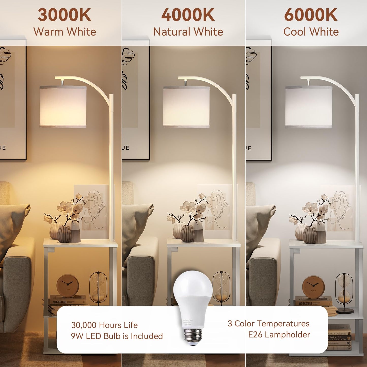 SUNMORY Floor Lamp with Table, USB & AC Charging, 15.75inx11.81inx59.06in, Pure White, Model PFL-012A