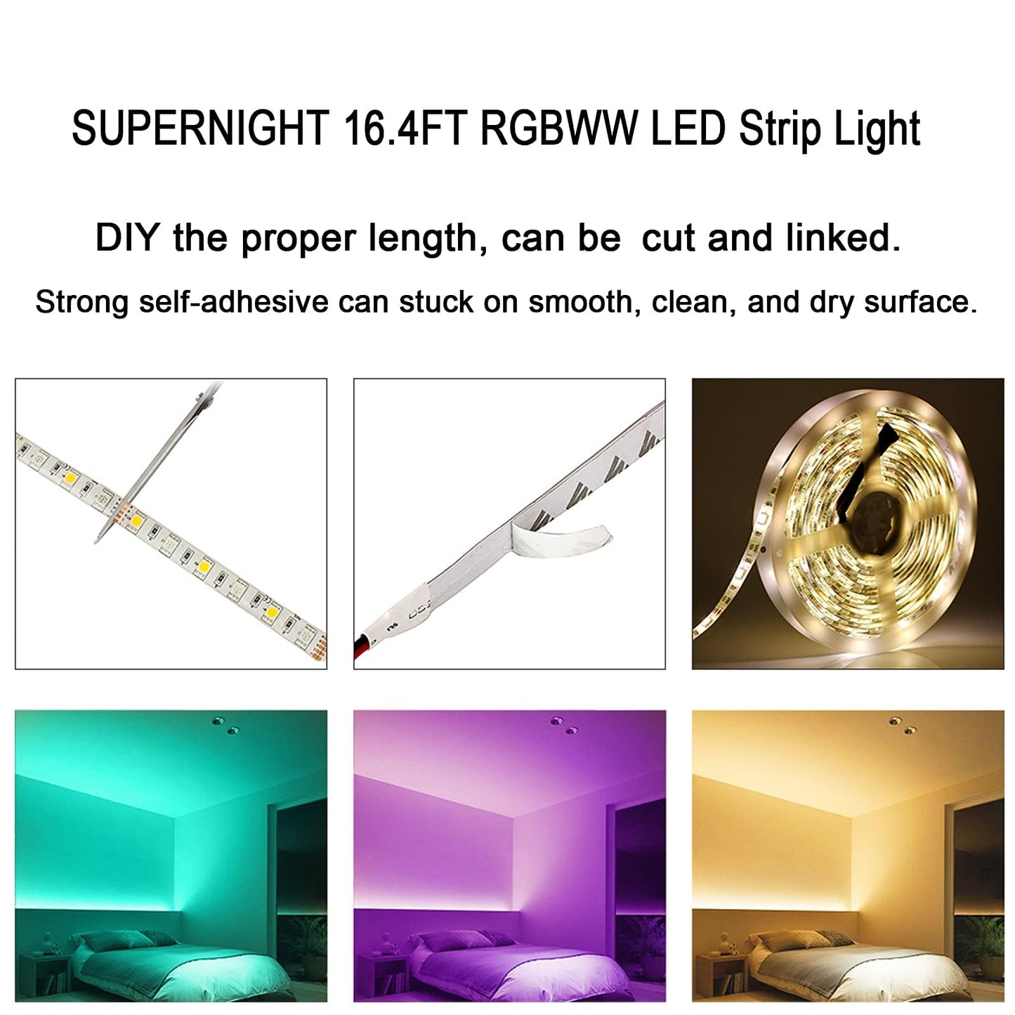 Supernight Rgbww Led Strip Light, 16.4Ft Waterproof Rgb + Warm White, 300 Leds, Model Ebt371-1, Multicolor