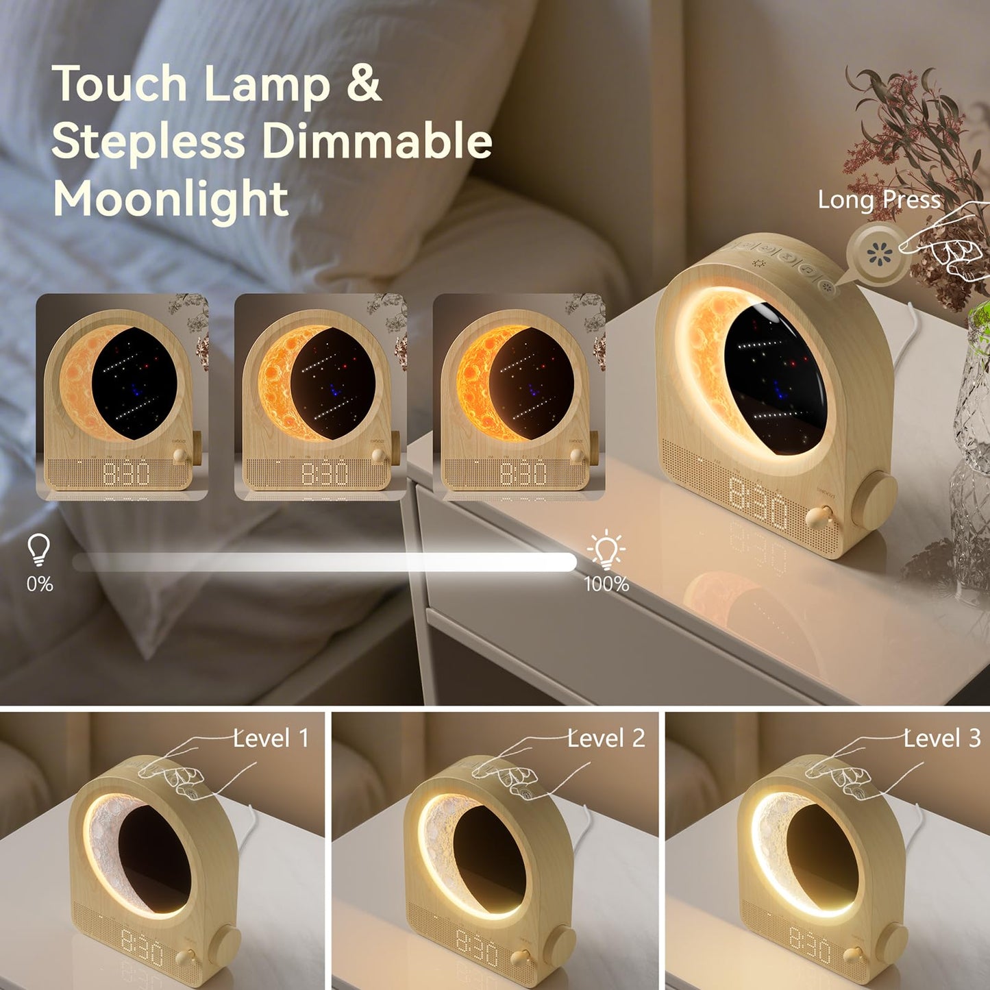 Blonbar Sunrise Alarm Clocks For Bedrooms  Stepless Dimmable Moon Lamp Dual Alarm Clock Wake Up Light With 12Levels Volume For Heavy Sleepers  10 Natural Sounds With Timer  Gifts For Women