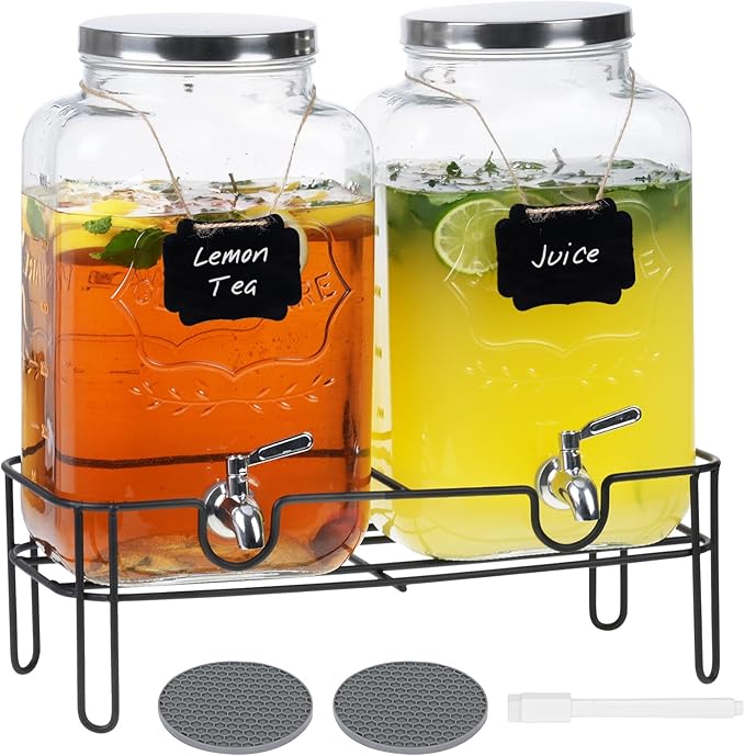 Moretoes 2 Gallon Glass Drinks Dispenser for Parties, 2 PACK Beverage Dispenser with Stand for Juice and Iced Tea, Water Jug Dispenser for Lemonade, Party Essential Beverage Pitcher with Spout