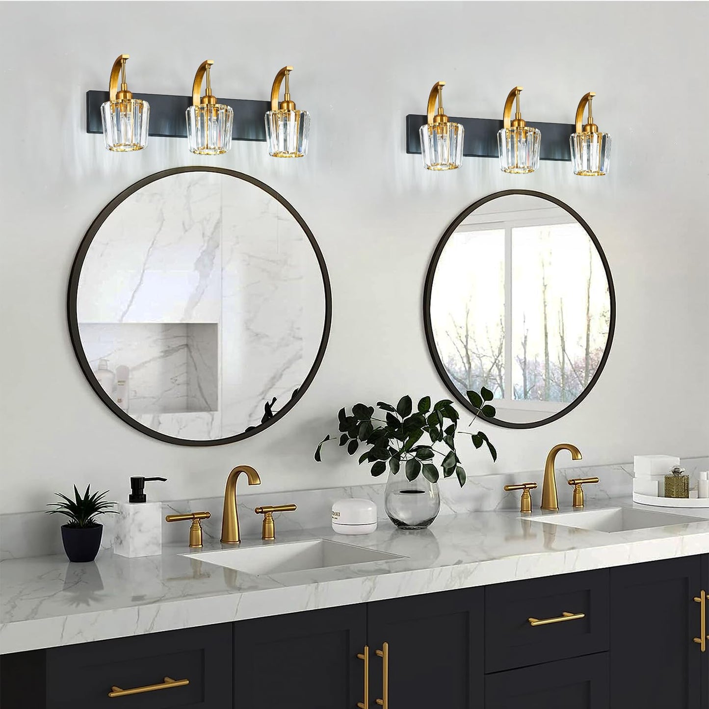 Fdpby Modern Bathroom Vanity Light  3-Light Black Gold Wall Sconce With Crystal Accents  Over Mirror Bathroom Lighting Fixture  23.62 Long Dimmable Vanity Lamp For Makeup  Easy Installation