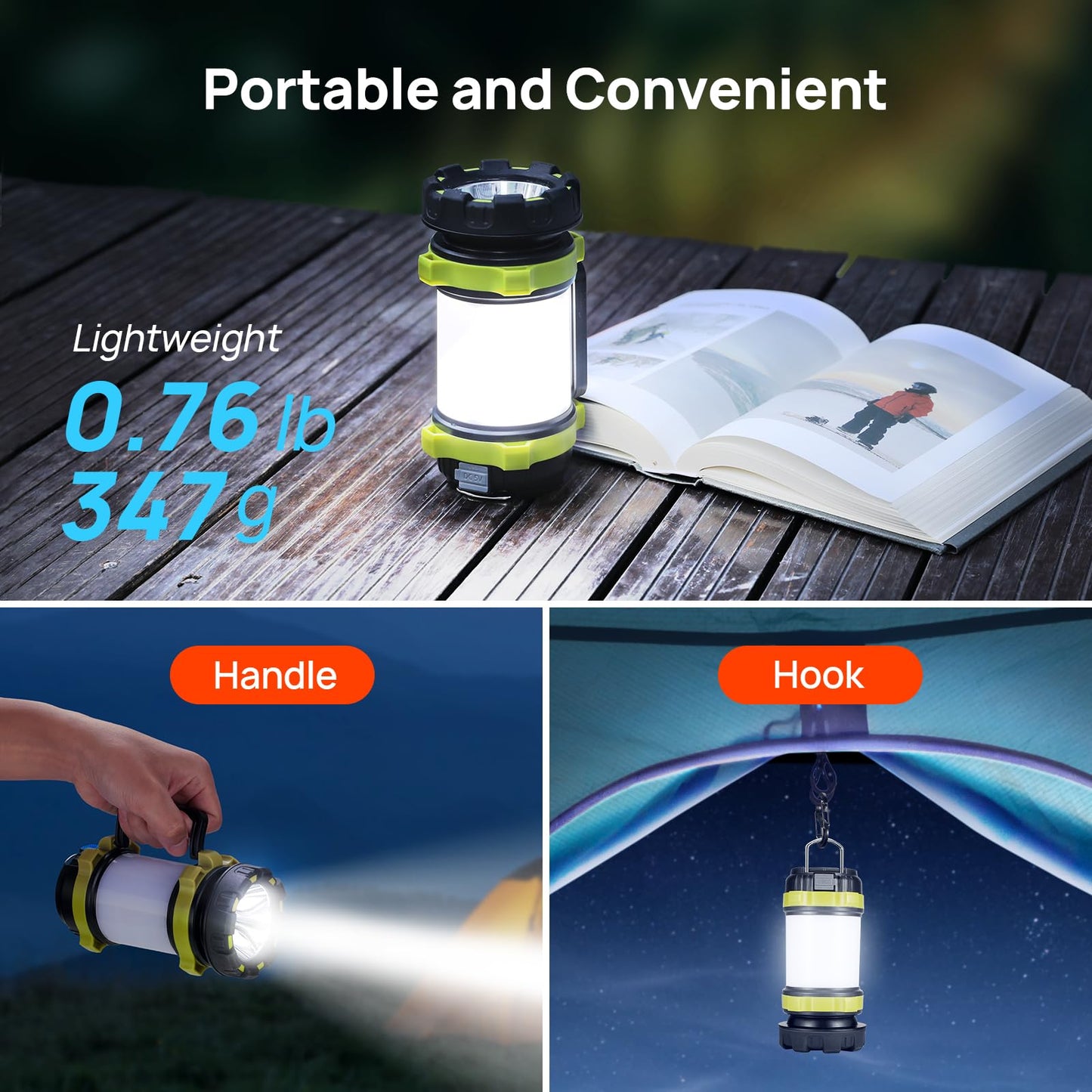 Consciot LED Camping Lantern Flashlight, Rechargeable, 3600mAh Power Bank, IPX4 Waterproof, Light Green, Model AOL007-US, 1 Pack