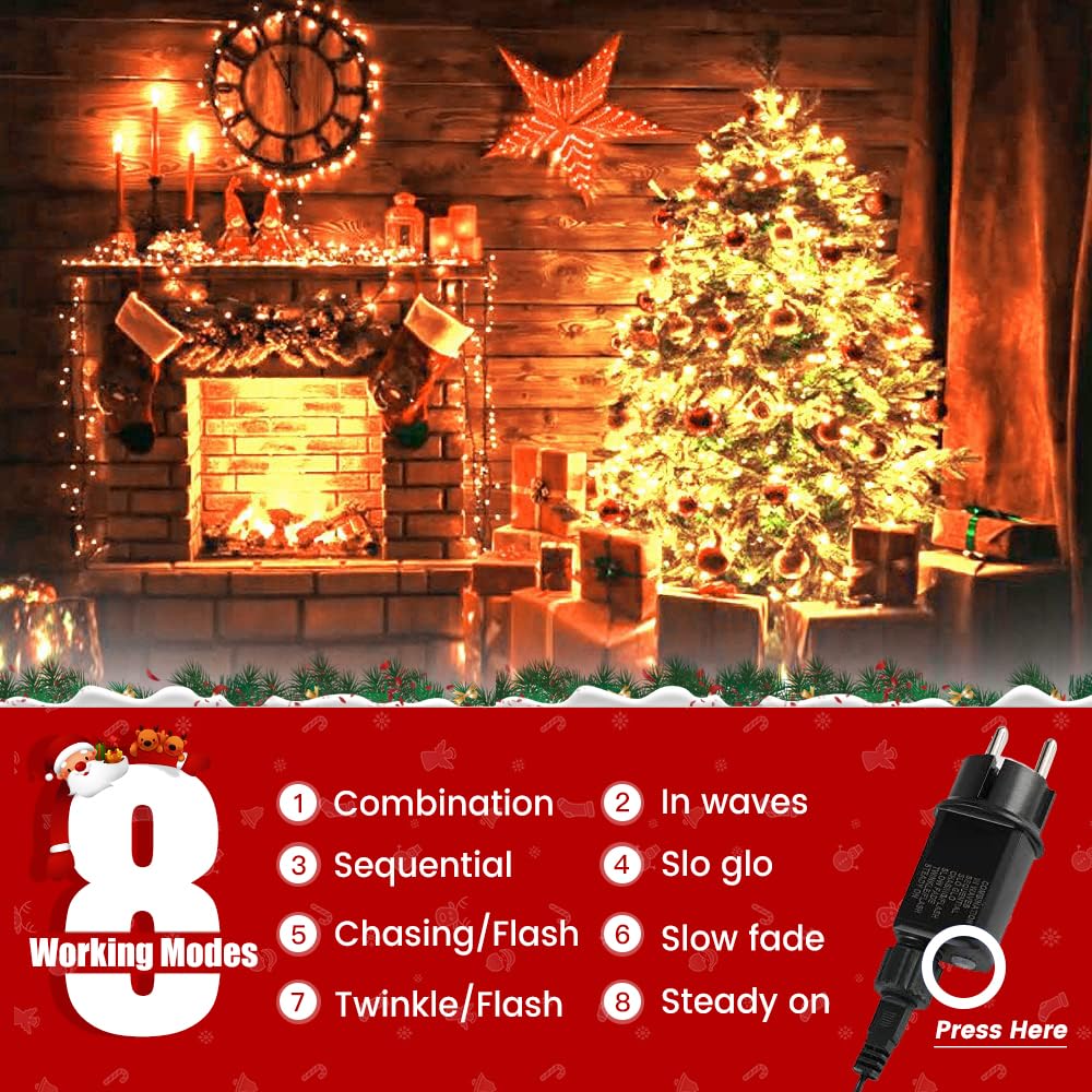 Areker 164Ft 2000Led Christmas Lights Outdoor Indoor  Green Wire Christmas Day String Lights Plug In  Ultra Bright 8 Modes Waterproof Fairy Lights For Xmas Tree Party Wedding Decoration  Warm White