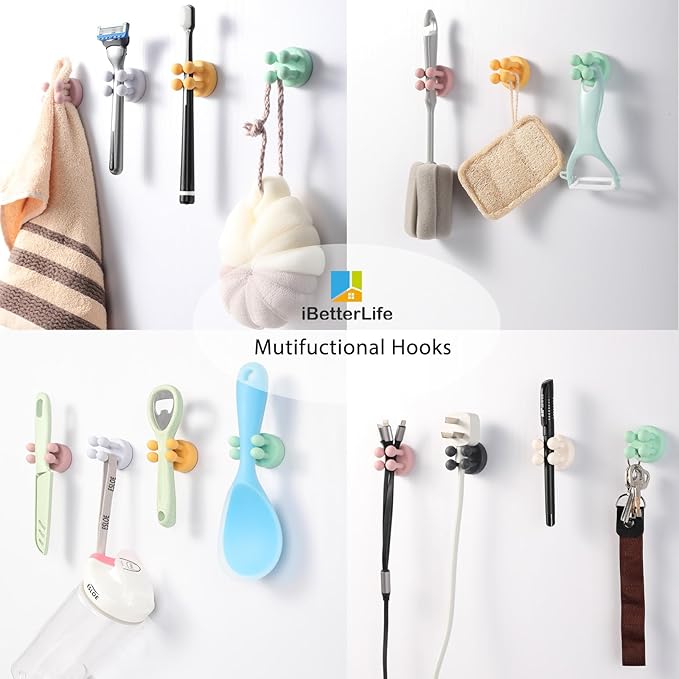 iBetterLife Toothbrush Holders Wall Mounted - 6Pcs Silicone Razor Holder for Shower Self Adhesive Cute Utility Hook for Hanging Towel Key Plug Cable for Kitchen Bathroom Office Dorm Room Essentials