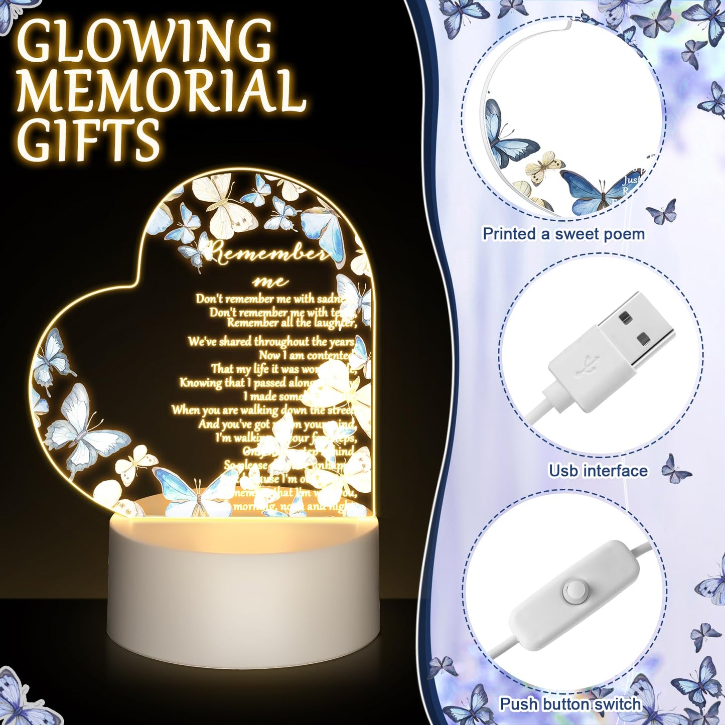 Coume Memorial Gift Night Light Clear Crystal Acrylic Heart Sympathy Gifts Sign Led Light Remembrance Bereavement Decor Condolence Present For Loss Of Loved One (Blue Butterfly Style)