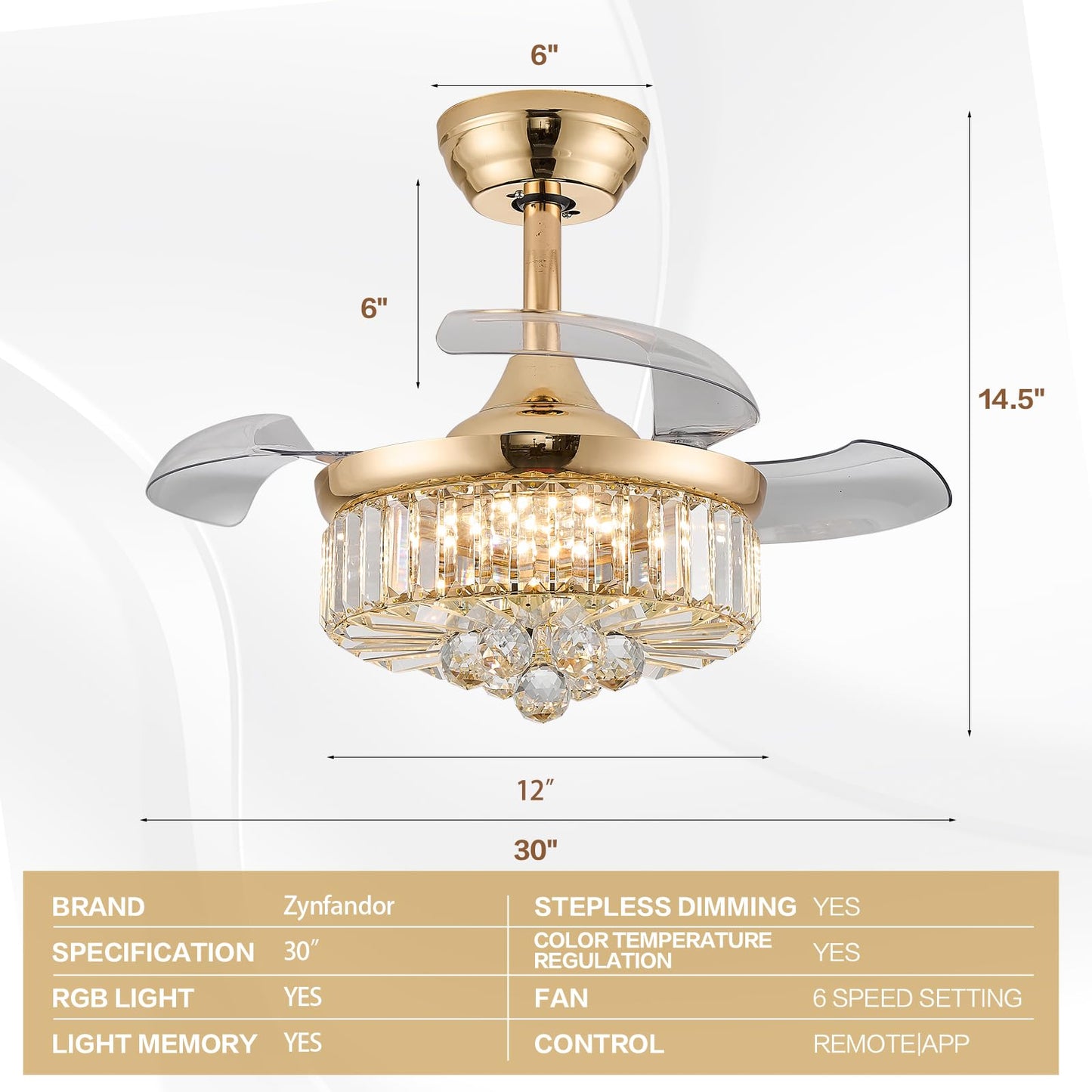 Zynfandor 30 Retractable Crystal Ceiling Fan With Light, Rgb Modern Fandelier 6 Speeds Reversible Blades Dimmable Chandelier Cei