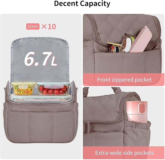 Insulated Lunch Bags, Cute Quilted Lunch Box for Women, Lightweight Puffy Padded Waterproof Lunch Tote, Reusable Lunch Cooler for Work Picnic Travel