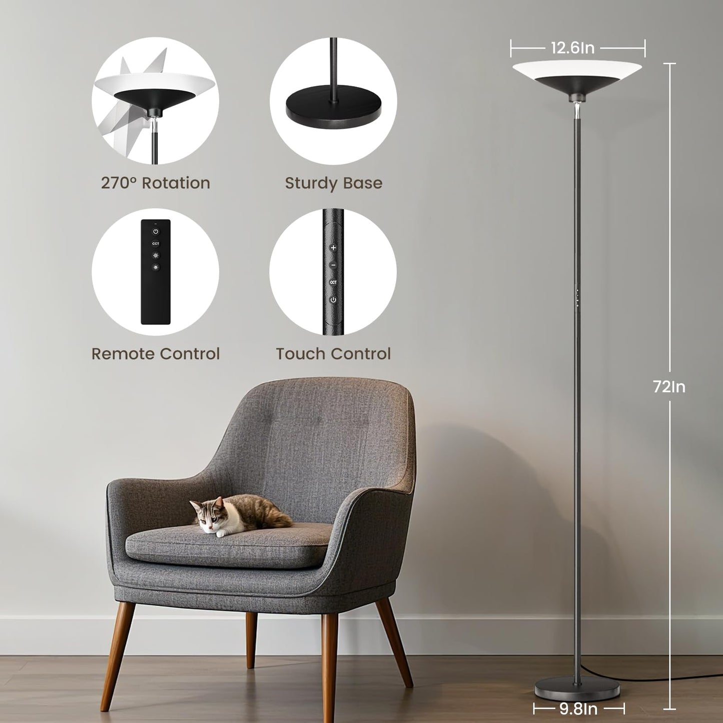 SIBRILLE Torchiere Floor Lamp 72in Tall LED 1800Lm Dimmable Black MF30021