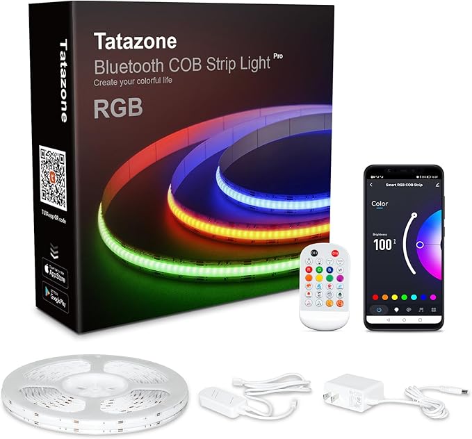 Tatazone 32.8ft Bluetooth RGB COB Led Strip Lights with Remote, Dimmable Smart App Led COB Light Strip, Color Changing Mus...