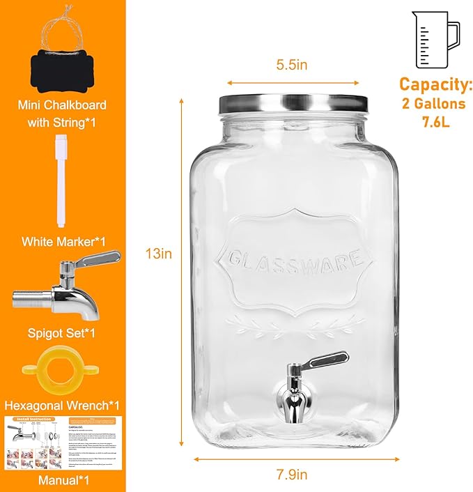 Moretoes 2 Gallon Glass Drinks Dispenser for Parties, Sun Tea Glass Jar for Outside Beverage Dispenser with Stainless Steel Spigot and Lid for Juice and Iced Tea, Pitcher