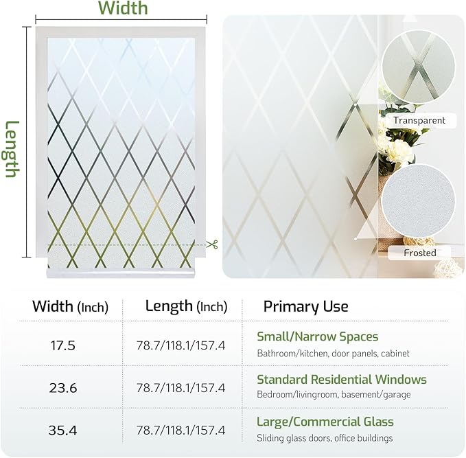 LUTE Frosted Window Privacy Film, Static Cling UV Sun Blocking Heat Control Window Cover, Removable Non-Adhesive Glass Sticker Vinyl Decorative Frosting Decals for Home Office, Lattice, 35.4" x 118.1"