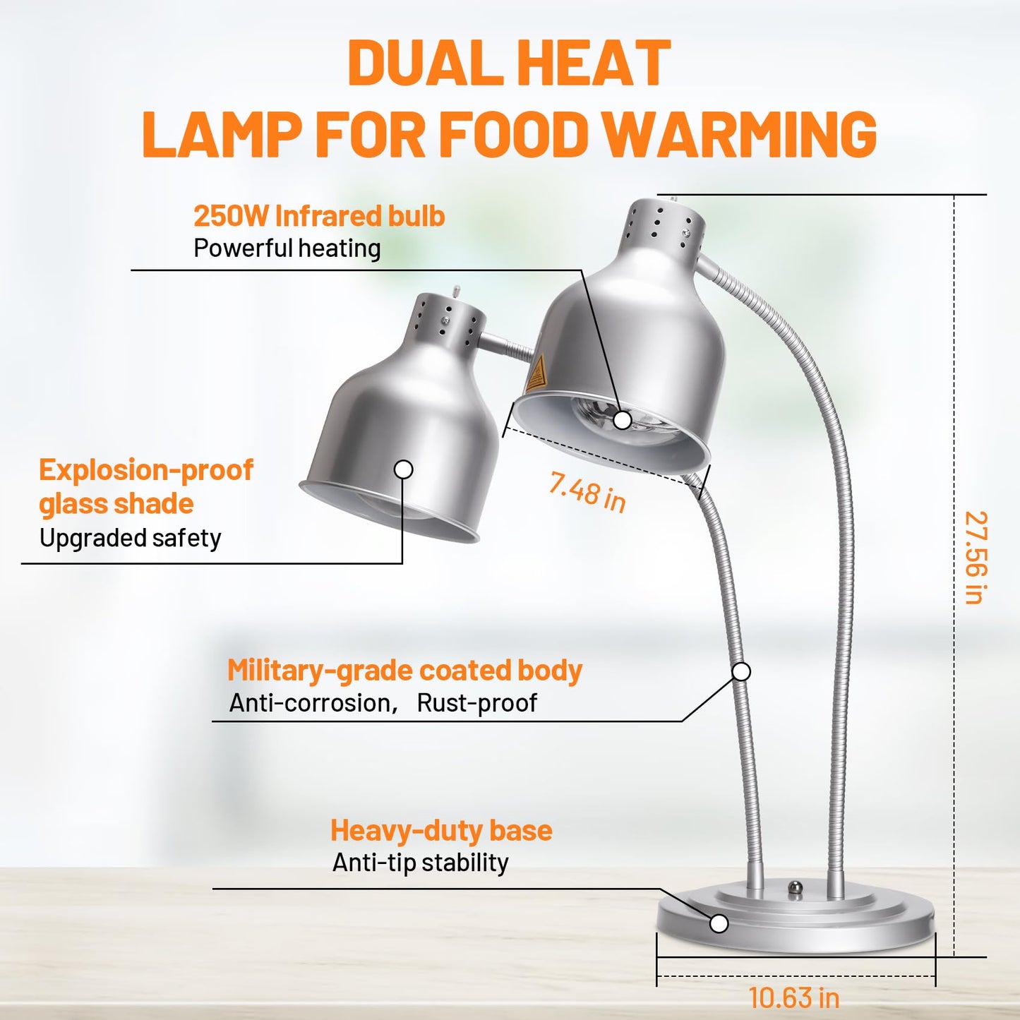 Food Heat Lamp, Commercial 500W Infrared Dual-Head Table Food Warmer Lamp, with 360° Adjustable, Suitable for Buffet Tables, Restaurant Kitchens and Catering Services