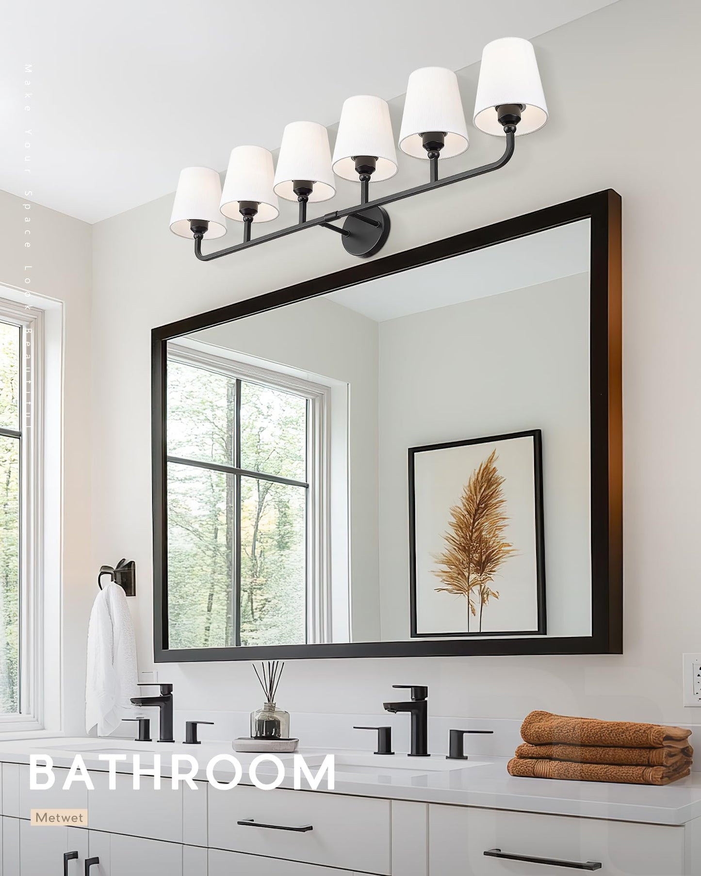 Metwet Bathroom Light Fixtures  42 Inch Matte Black Vanity Lights With Flared White Fabric Shade  6-Light Wall Sconce  Modern Sconces Wall Lighting For Hallway Bedroom  Vl837-Mb-6