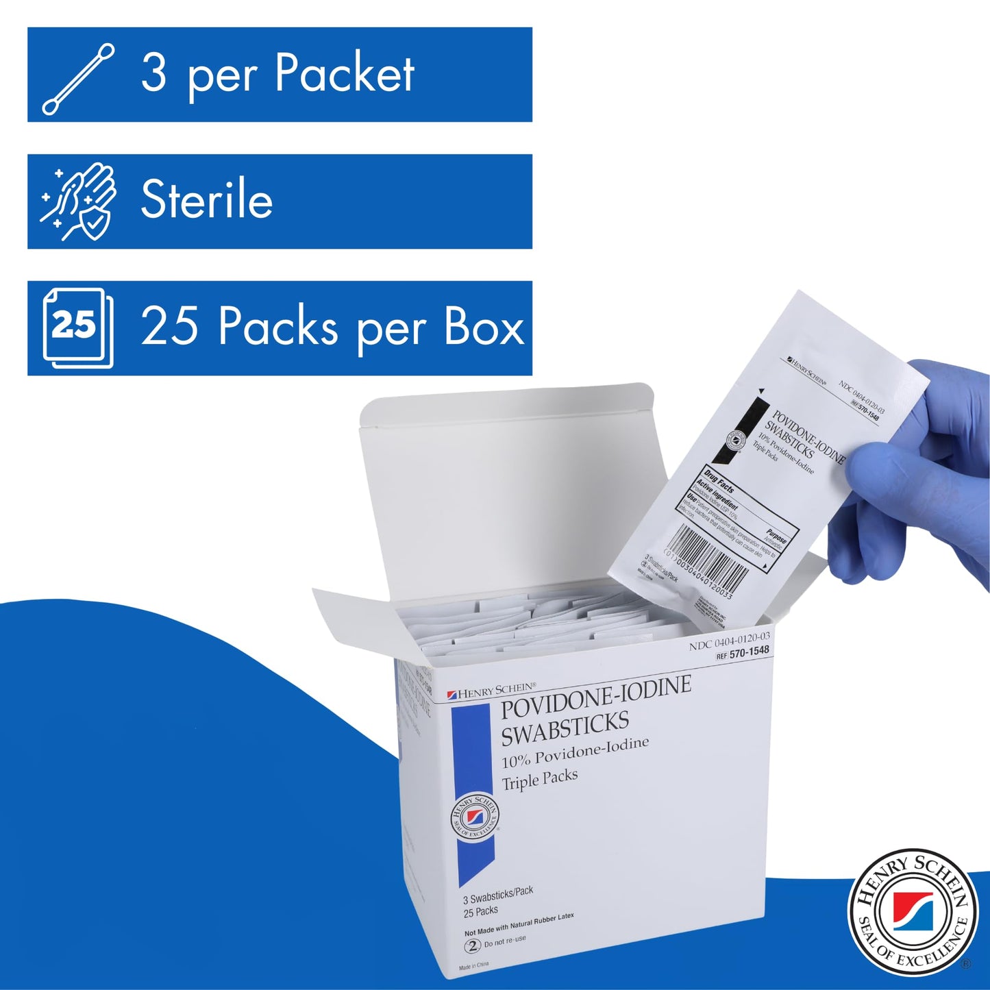 Henry Schein Prep Povidone-Iodine Swabsticks 3's, Individually Packed, Sterile, Antiseptic for Skin Preparation, 10% Povidone-Iodine- 25/BX