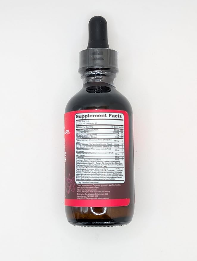 Liquid Probiotics for Women Drops with Chasteberry, Black Cohosh, Prebiotics, Digestive Enzymes, Evening Primrose Oil, Wild Yam, Cranberry Dmannose and Iron Vitamin D3 K2 Clean Nutra Bella Biotics
