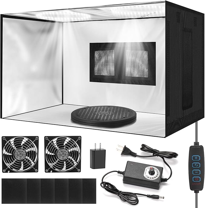 Portable Airbrush Spray Booth with Dual Exhaust Fans,Airbrush Paint Booth with Adjustable LED Lights & 360°Turntable - Foldable Airbrush Booth for Hobby,Model Painting,Makeup and Art Crafts,Black