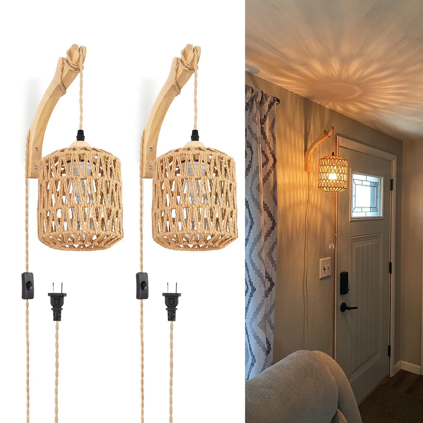 FRIDEKO HOME Wall Sconces Set of 2 Hand Woven Rattan Lights, Boho Farmhouse Style, Brown, Model L02187-01-US-2PCS
