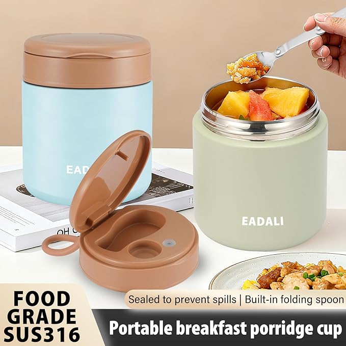 Eadali 15.2 oz Thermo Food Jar for Kids & Adults, Vacuum Insulated Lunch Container 316 Stainless Steel, Hot & Cold Soup Jar with Spoon, BPA Free & Leak Proof
