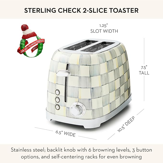MACKENZIE-CHILDS 2-Slice Toaster, Decorative Toaster for Kitchen, Gray-and-White Sterling Check