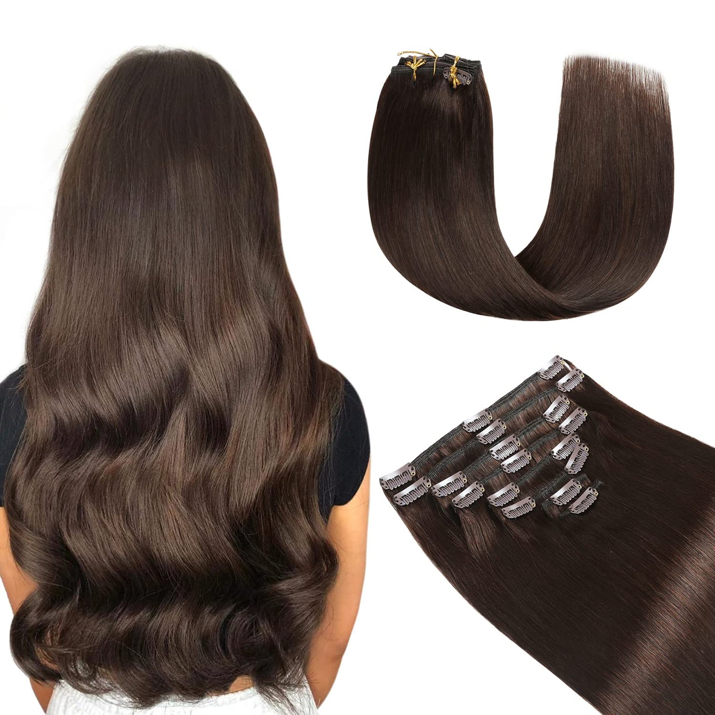 YILITE Hair Extensions Clip in Remy Human Hair 100% Real Human Hair Darkest Brown 8Pcs/Pack 110g Natural Silky Double Weft Strai
