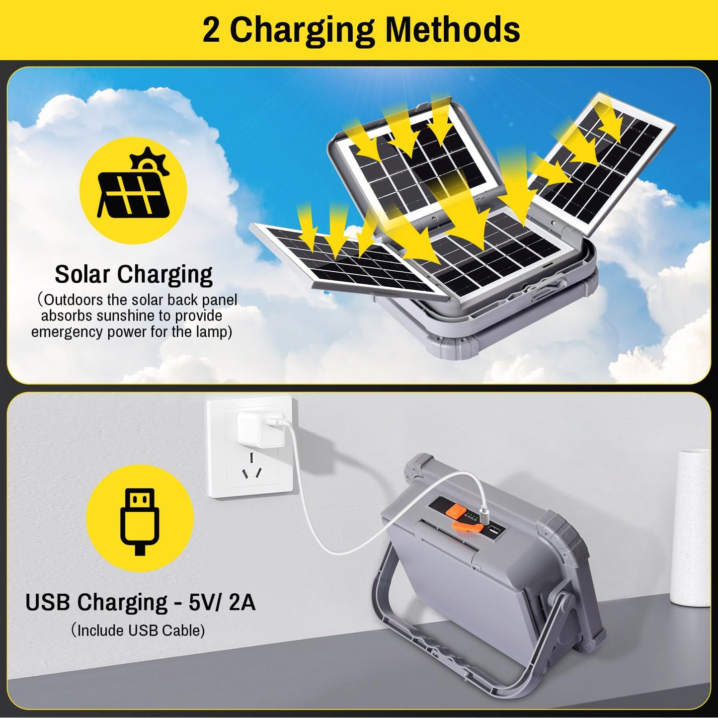 ERAY LED Work Light 150W with 4 Solar Panels, 12000mAH, 336 LED Beads, IP64, Stepless Dimming, Portable, Grey, Model SD-