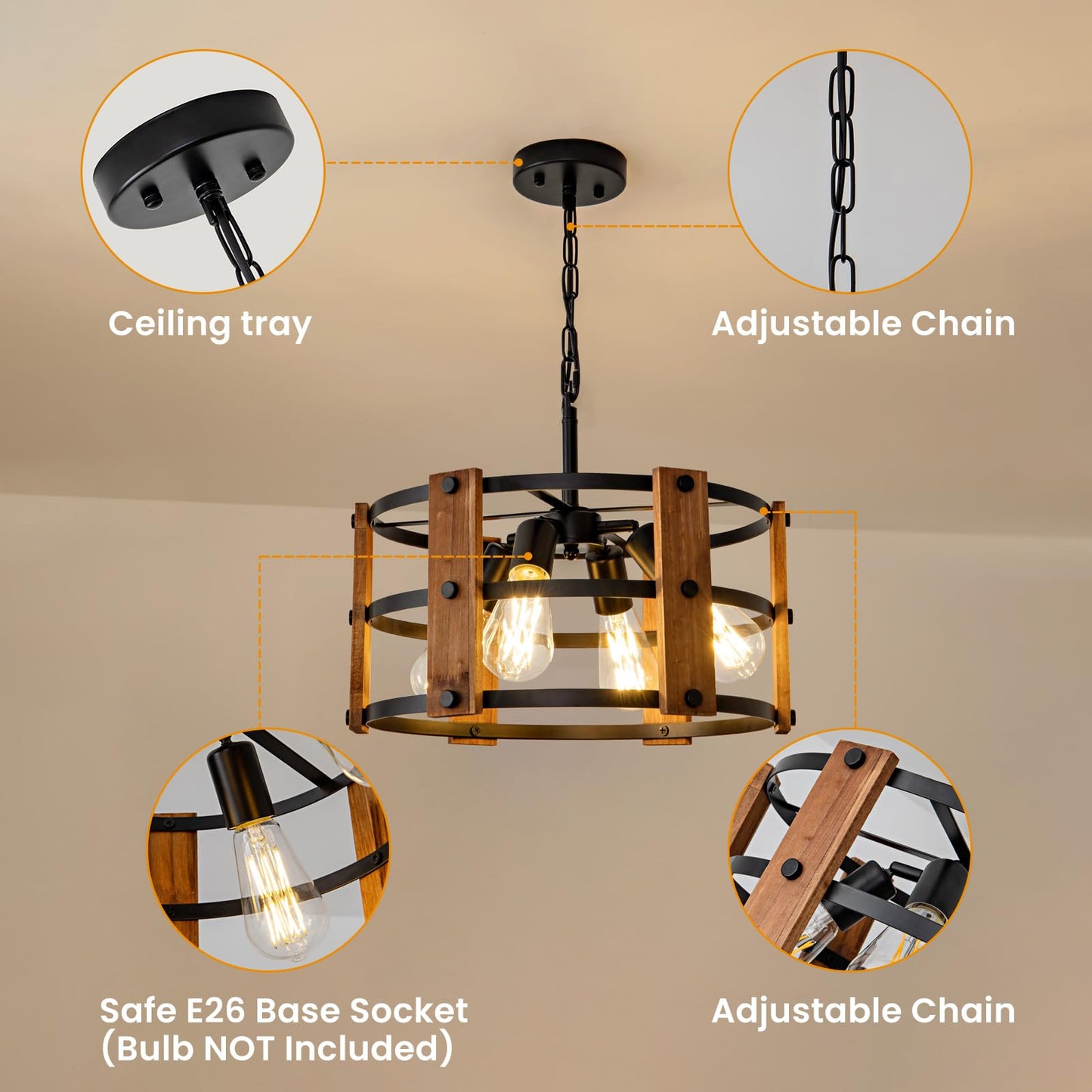 Daoseolo Rustic Farmhouse Chandelier - 4-Light Pendant Fixture, Adjustable Height, Brown Wood, 15.7Inch For Entryway, Kitchen, Living Room